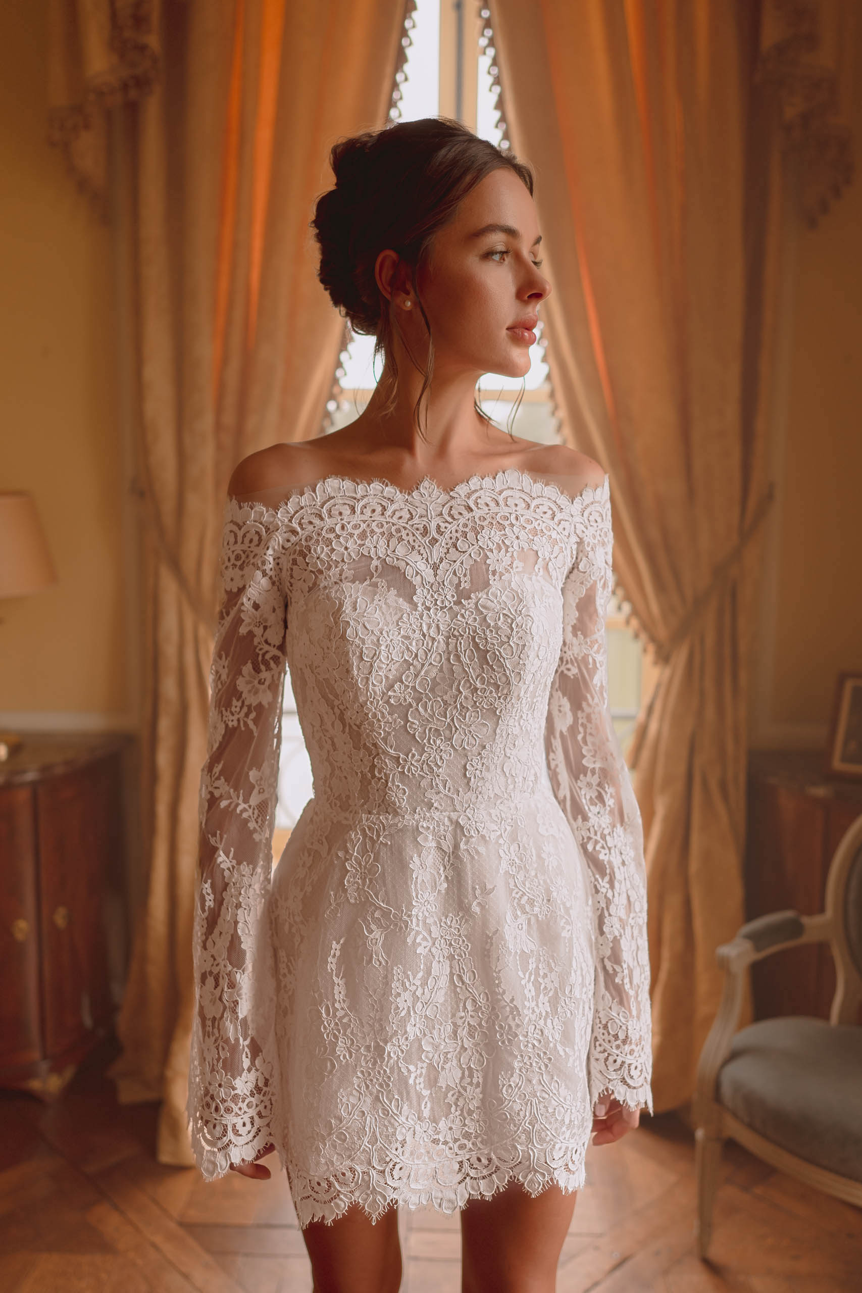 petal and pup fall dresses Glitter Lace 3D Flowers Mini Short Wedding Dress V-Neck Appliques Shin –  Elsi John main image 0